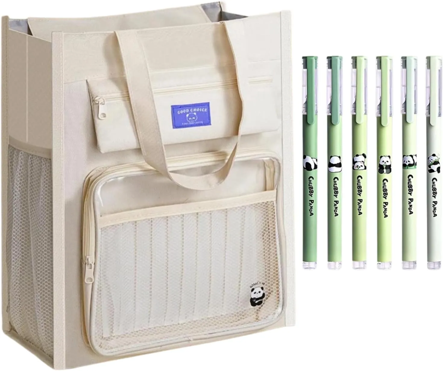 Tote Bag Cute Panda Print Multipocket Commuter Large Capacity   5 Pens (4-Beige)