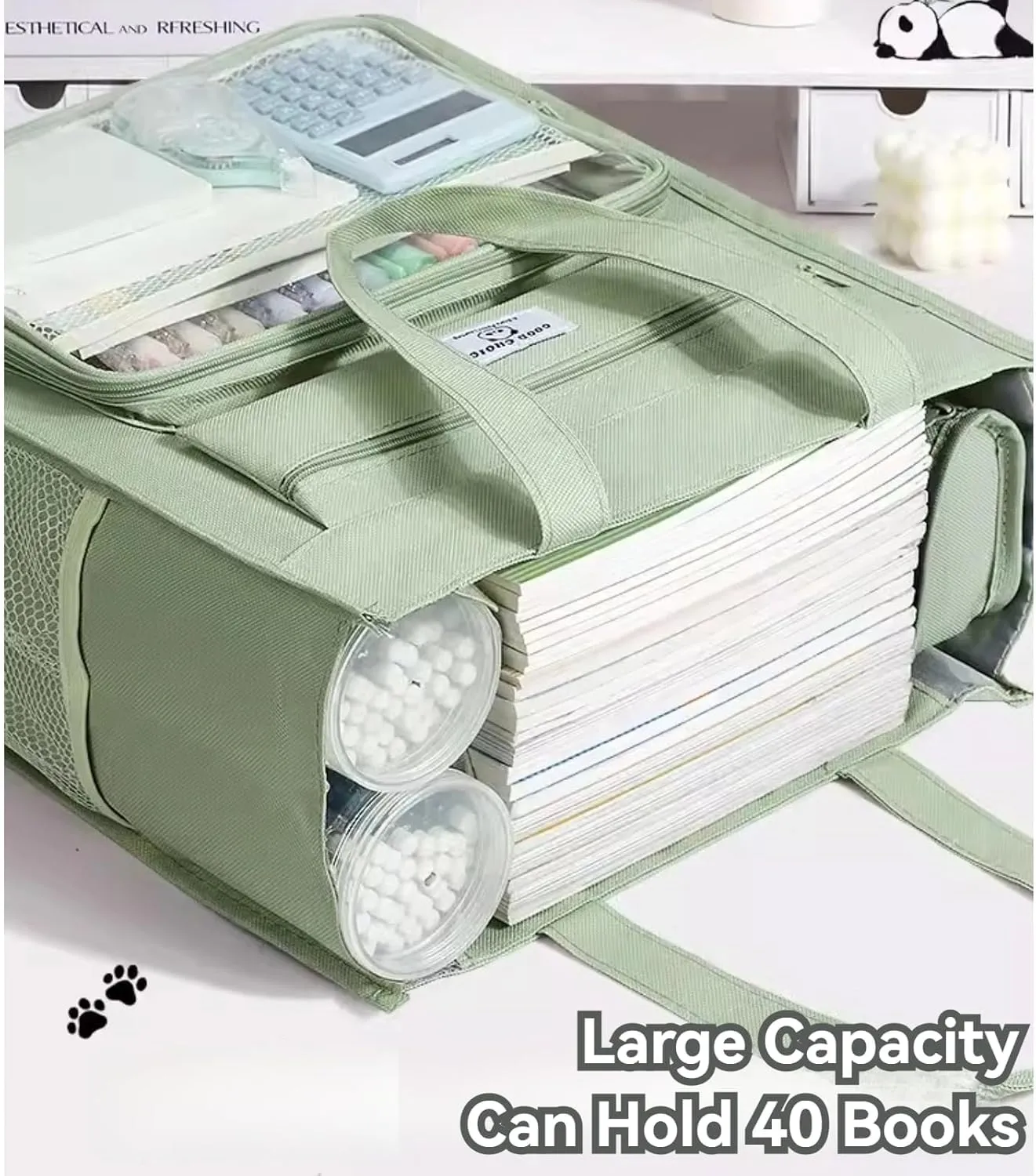 Tote Bag Cute Panda Print Multipocket Commuter Large Capacity   5 Pens (4-Beige)