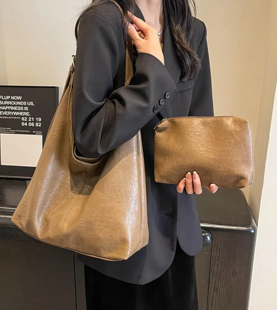 Tote Bag for Women Vegan Leather Shoulder Bag Large Retro Handbags Two-piece Soft Purse Work Travel 2024