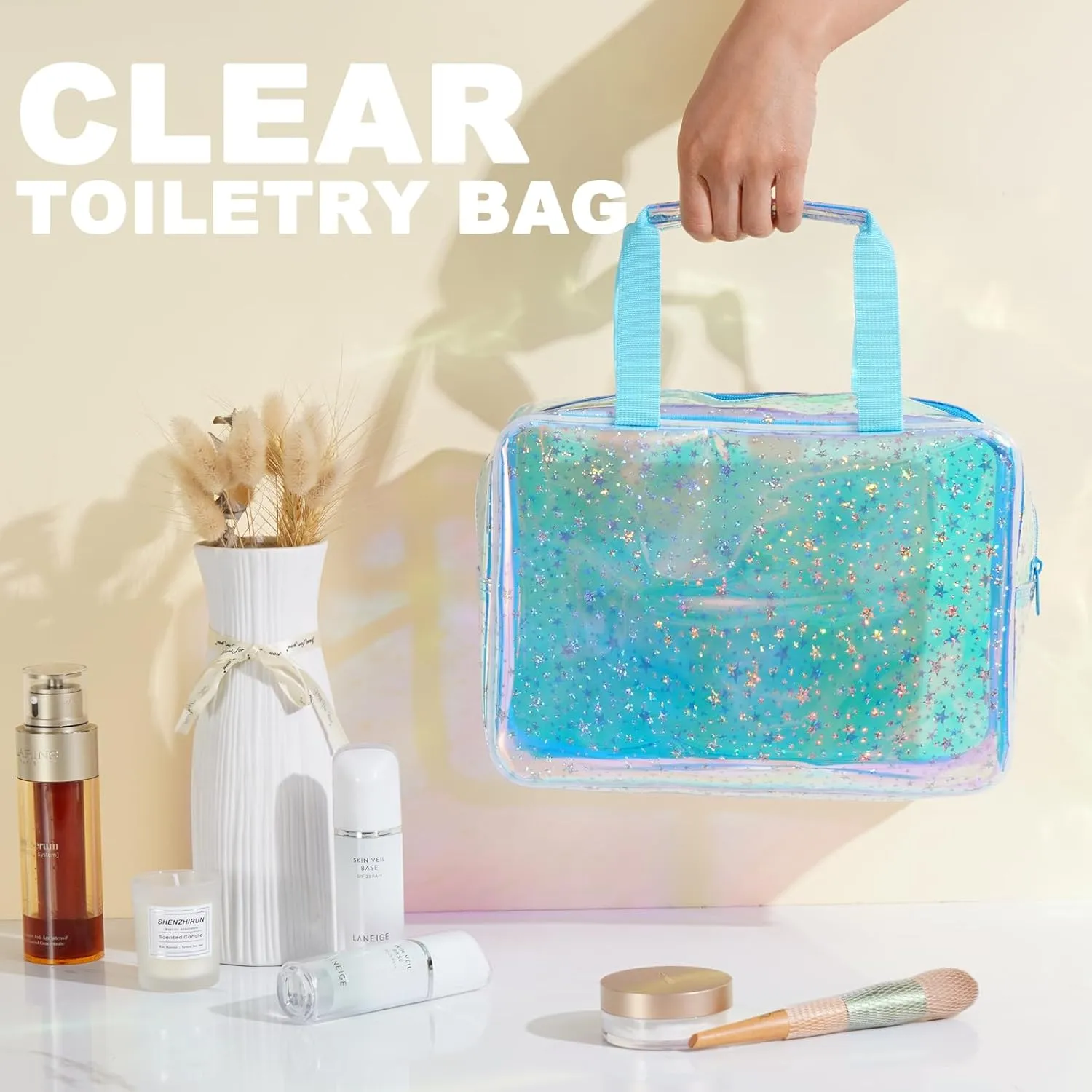 TPU Clear Makeup Bag for Women Waterproof Star Make Up Bag Toiletry Bag Travel Durable Cosmetic Bag Large Cute Tote Bag Organizer Makeup Pouch, Rainbow Blue
