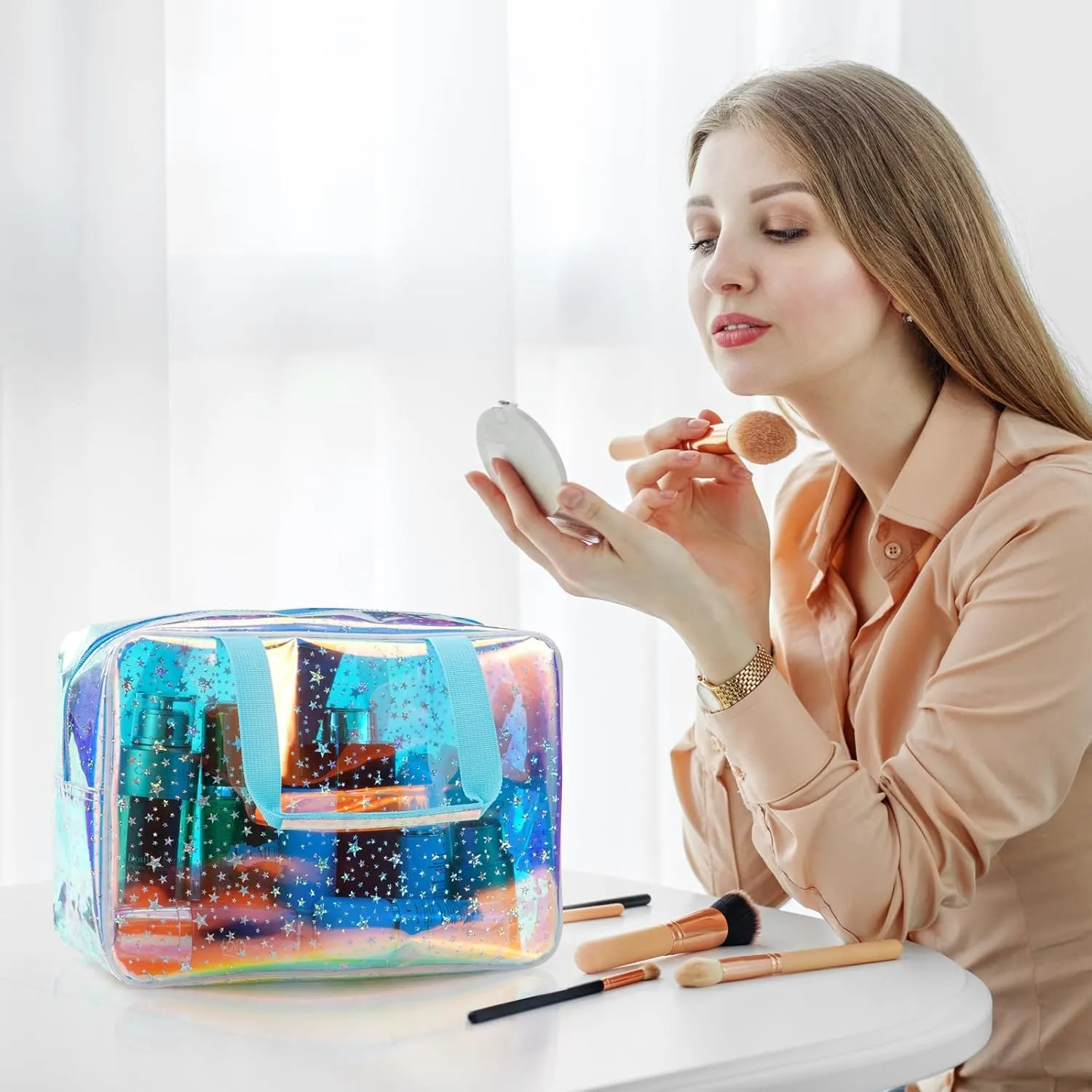 TPU Clear Makeup Bag for Women Waterproof Star Make Up Bag Toiletry Bag Travel Durable Cosmetic Bag Large Cute Tote Bag Organizer Makeup Pouch, Rainbow Blue
