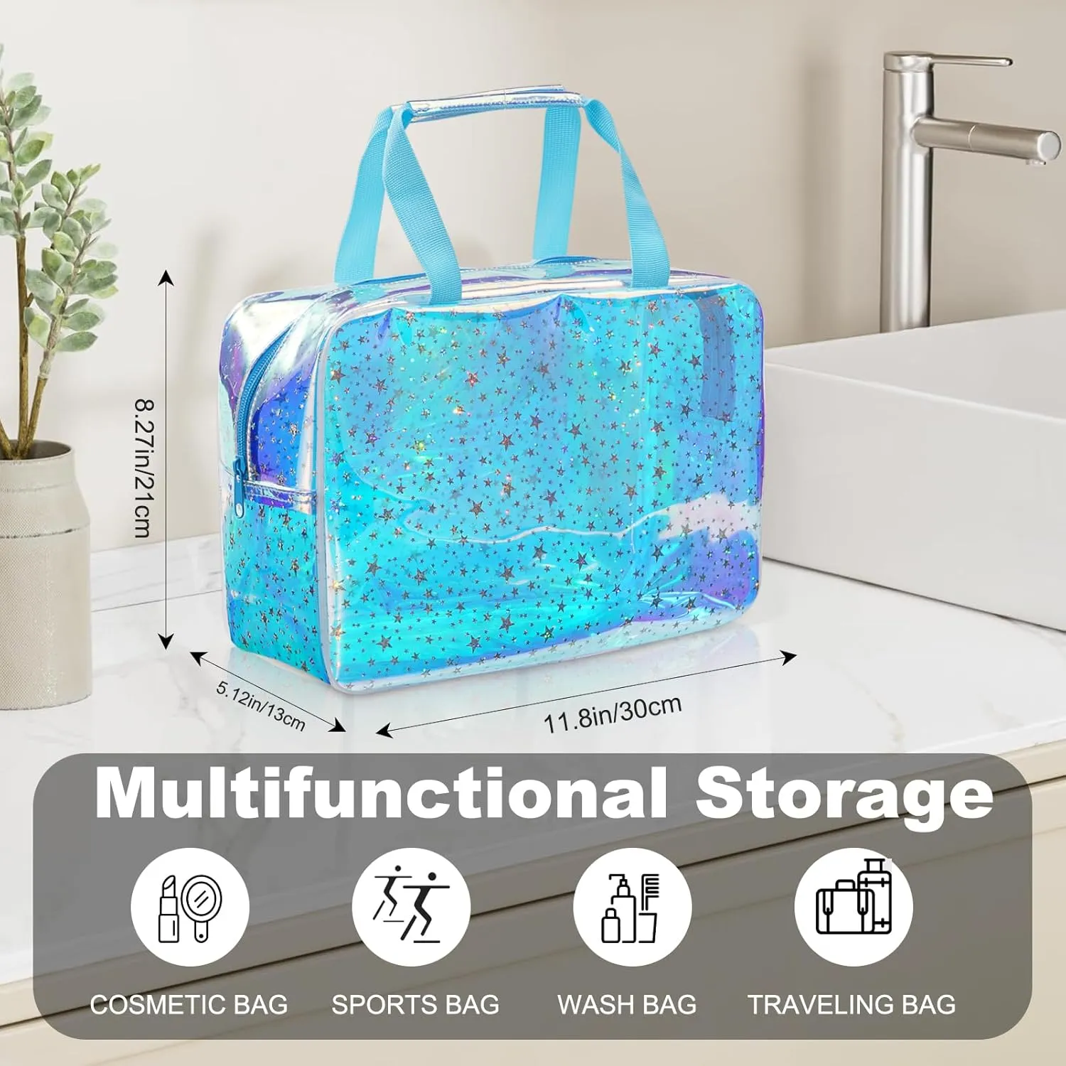 TPU Clear Makeup Bag for Women Waterproof Star Make Up Bag Toiletry Bag Travel Durable Cosmetic Bag Large Cute Tote Bag Organizer Makeup Pouch, Rainbow Blue