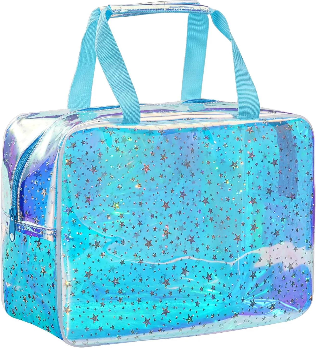 TPU Clear Makeup Bag for Women Waterproof Star Make Up Bag Toiletry Bag Travel Durable Cosmetic Bag Large Cute Tote Bag Organizer Makeup Pouch, Rainbow Blue