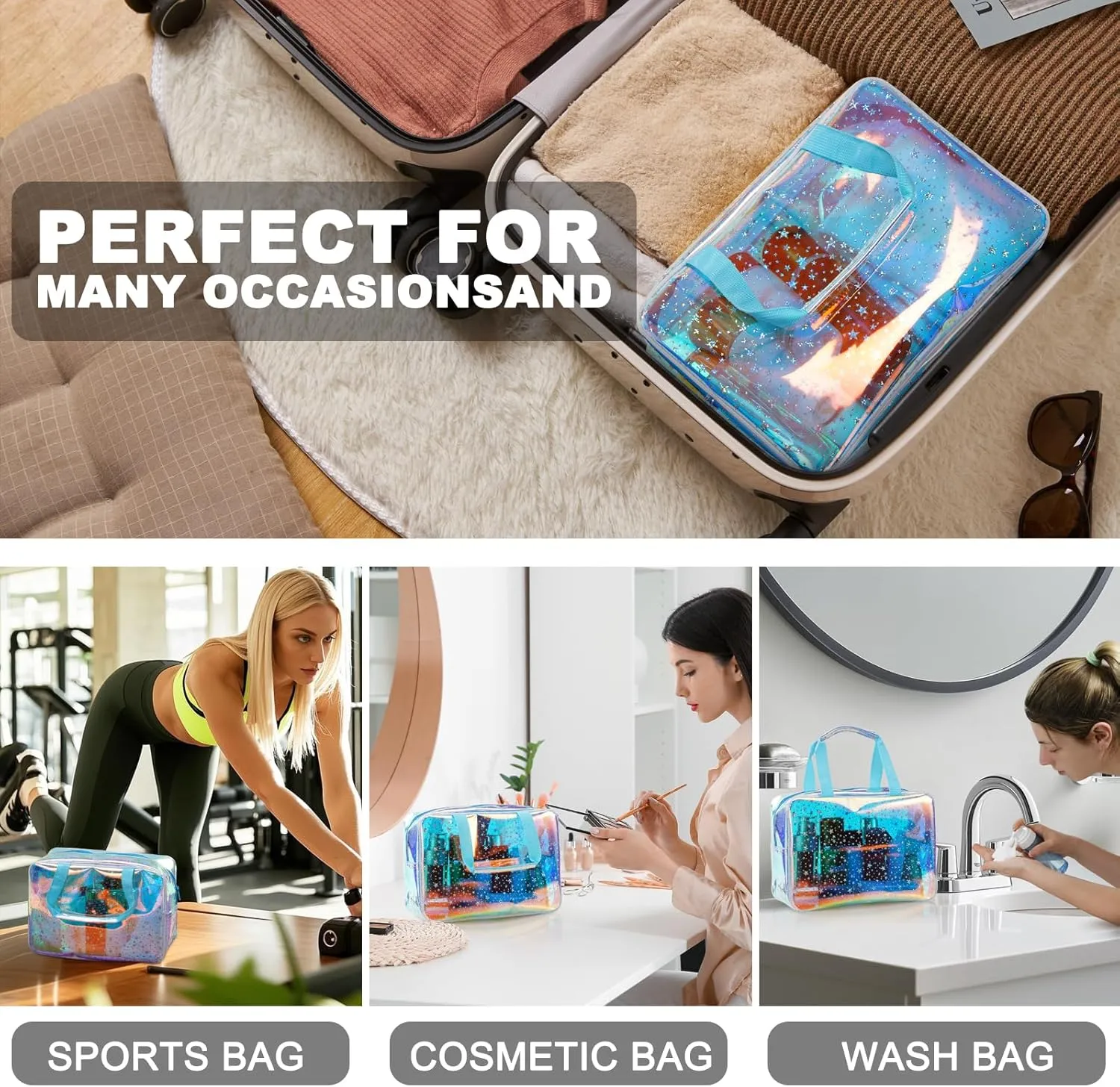 TPU Clear Makeup Bag for Women Waterproof Star Make Up Bag Toiletry Bag Travel Durable Cosmetic Bag Large Cute Tote Bag Organizer Makeup Pouch, Rainbow Blue