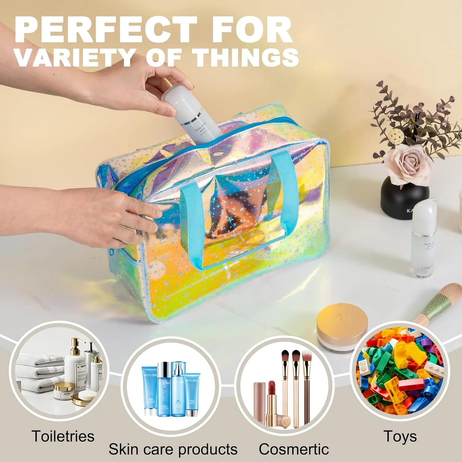 TPU Clear Makeup Bag for Women Waterproof Star Make Up Bag Toiletry Bag Travel Durable Cosmetic Bag Large Cute Tote Bag Organizer Makeup Pouch, Rainbow Blue