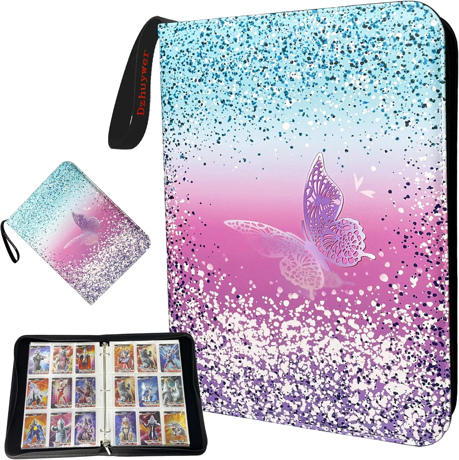 Trading Card Binder for 9-Pocket 1080 Cards with 60 Removable Sleeves with Protection Zipper Easy Carrying Wristband, Portable Trading Card Albums for Boys Girls Gifts, Pink Purple Butterfly