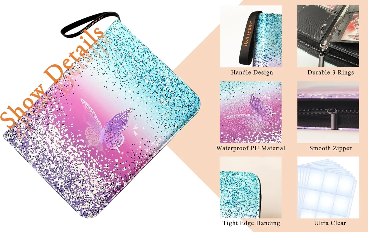 Trading Card Binder for 9-Pocket 1080 Cards with 60 Removable Sleeves with Protection Zipper Easy Carrying Wristband, Portable Trading Card Albums for Boys Girls Gifts, Pink Purple Butterfly