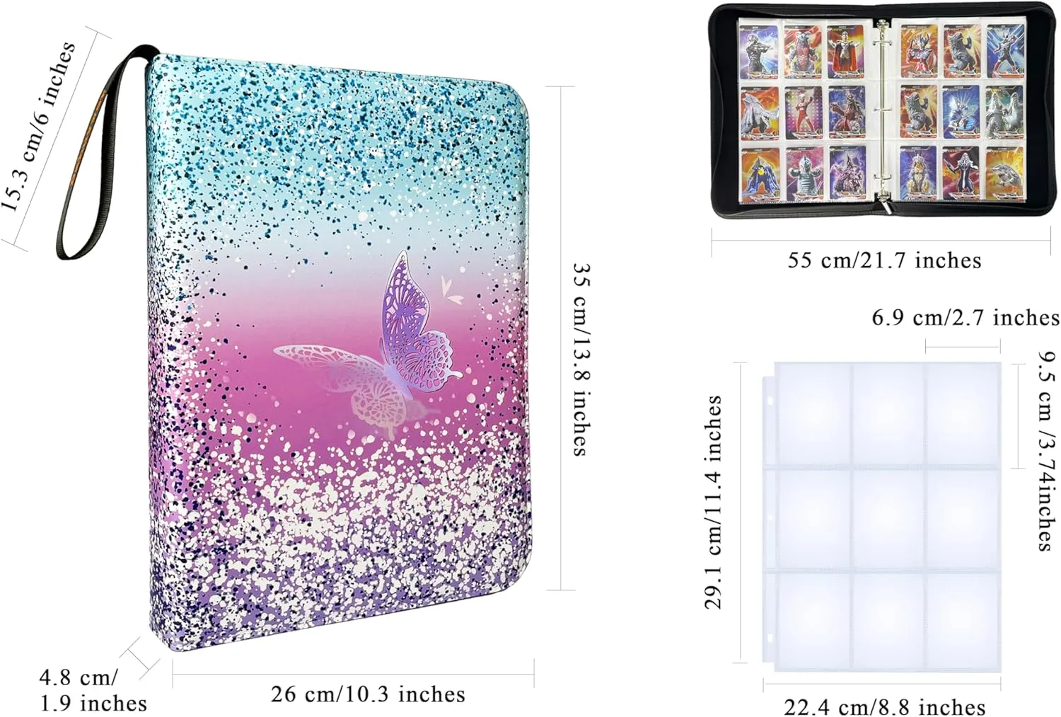 Trading Card Binder for 9-Pocket 1080 Cards with 60 Removable Sleeves with Protection Zipper Easy Carrying Wristband, Portable Trading Card Albums for Boys Girls Gifts, Pink Purple Butterfly