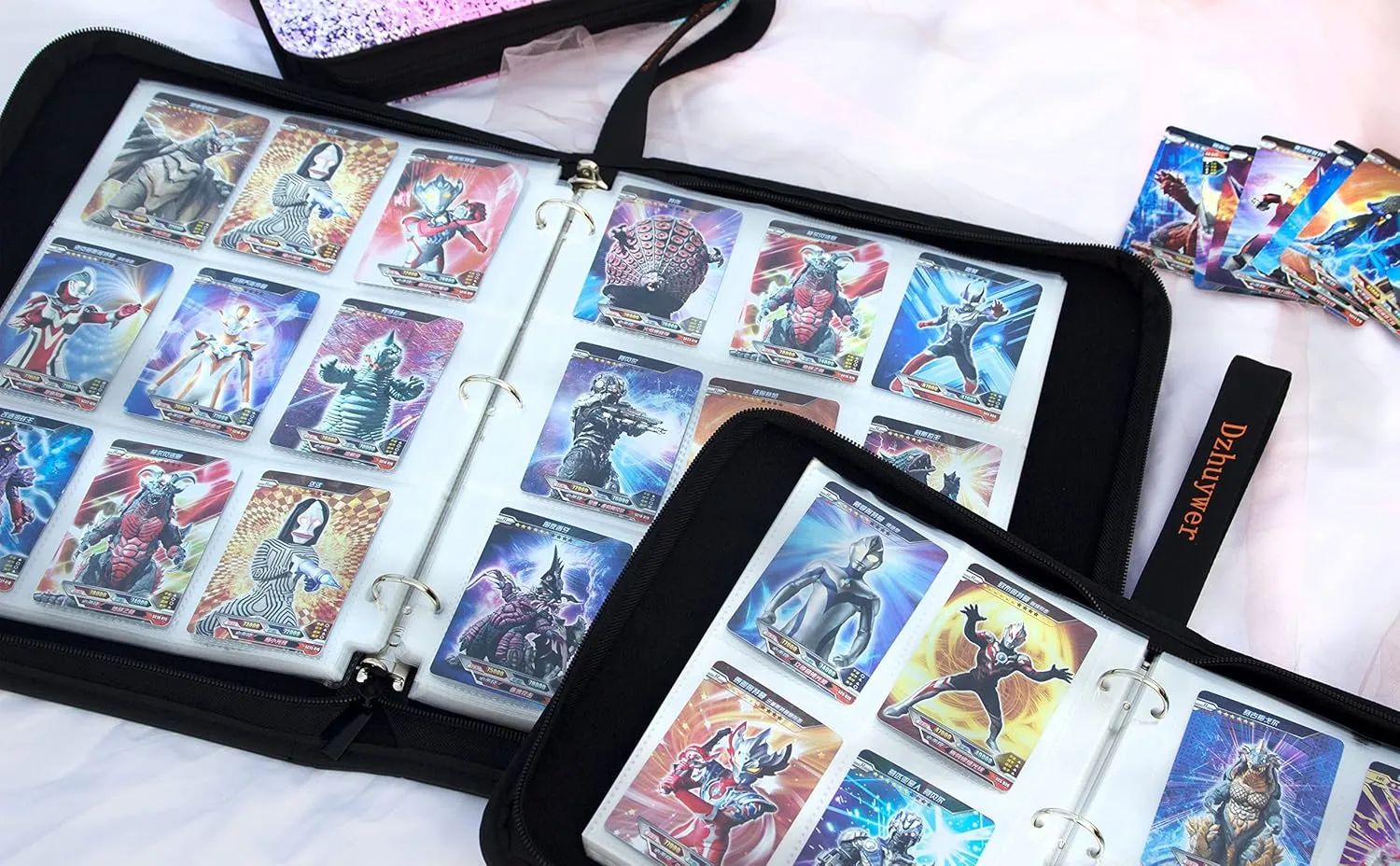 Trading Card Binder for 9-Pocket 1080 Cards with 60 Removable Sleeves with Protection Zipper Easy Carrying Wristband, Portable Trading Card Albums for Boys Girls Gifts, Pink Purple Butterfly