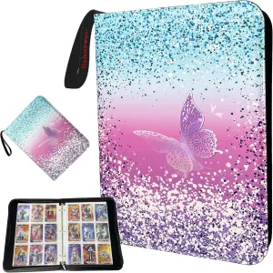 Trading Card Binder for 9-Pocket 1080 Cards with 60 Removable Sleeves with Protection Zipper Easy Carrying Wristband, Portable Trading Card Albums for Boys Girls Gifts, Pink Purple Butterfly