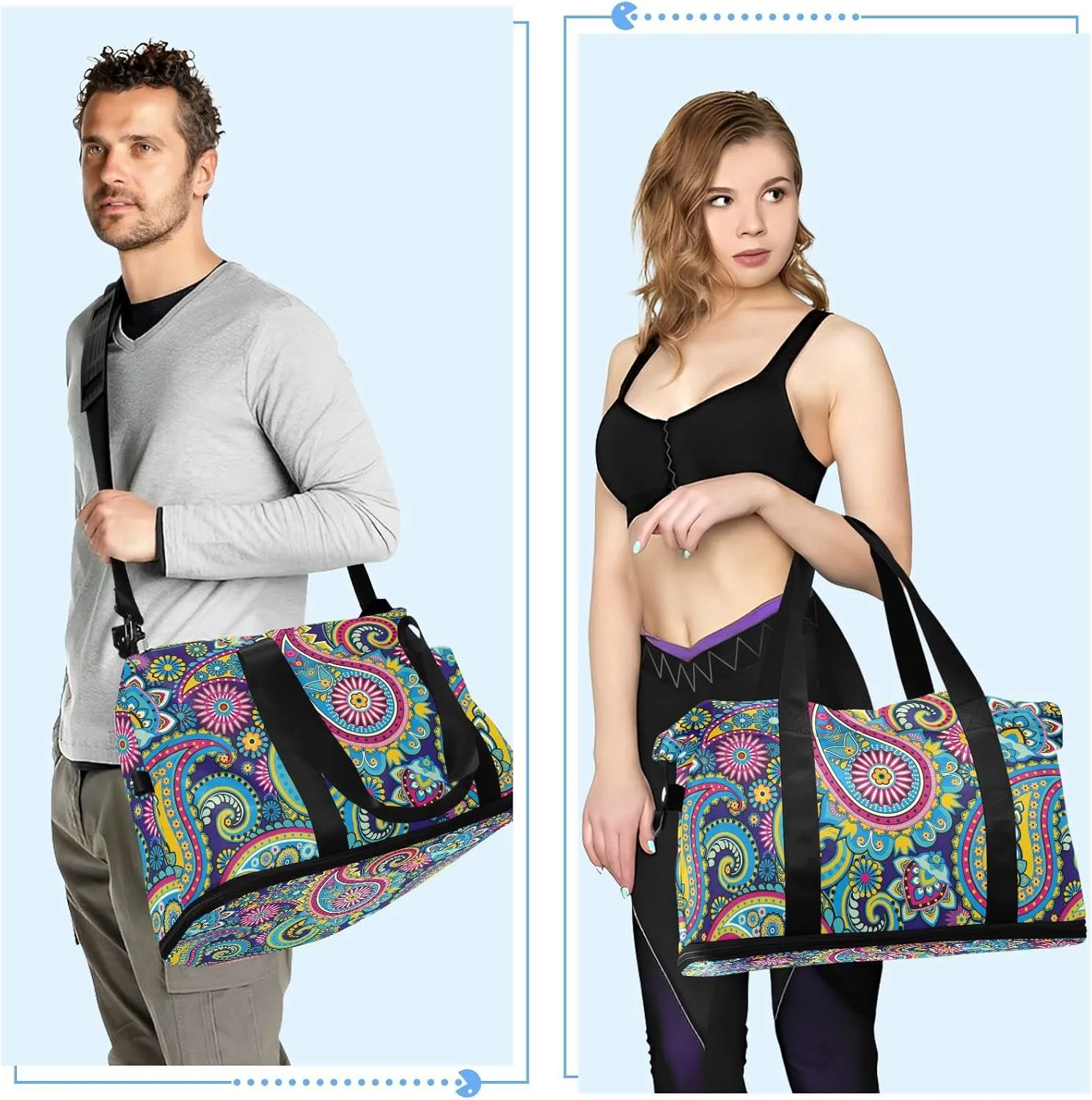 Traditional Ancient Asian Elements Paisley Floral Flowers Gym Duffel Bag, Polyester Travel Weekender Luggage Handbag with Waterproof Pocket for Wet Items, Unisex Foldable Tote for Sports