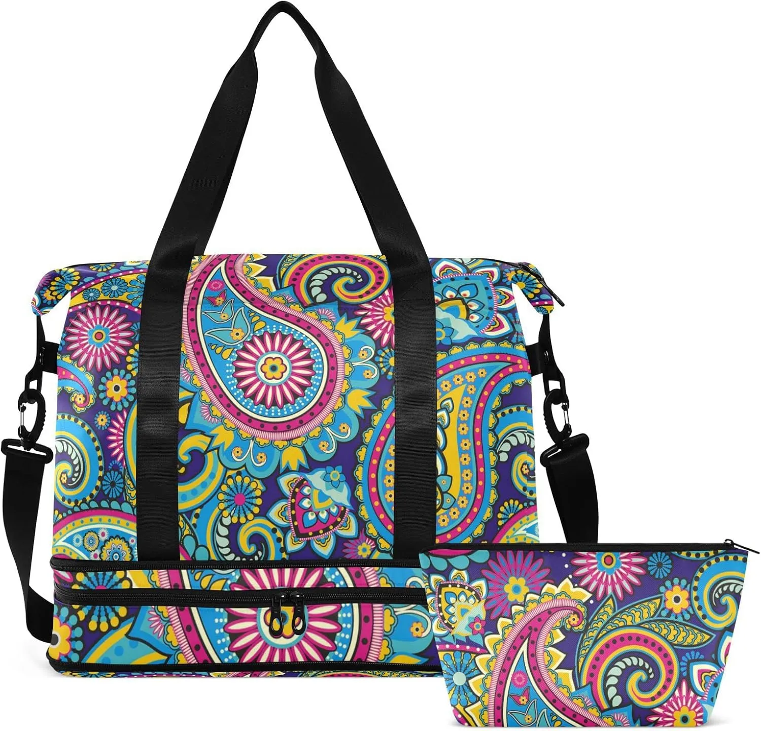Traditional Ancient Asian Elements Paisley Floral Flowers Gym Duffel Bag, Polyester Travel Weekender Luggage Handbag with Waterproof Pocket for Wet Items, Unisex Foldable Tote for Sports