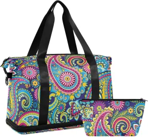 Traditional Ancient Asian Elements Paisley Floral Flowers Gym Duffel Bag, Polyester Travel Weekender Luggage Handbag with Waterproof Pocket for Wet Items, Unisex Foldable Tote for Sports