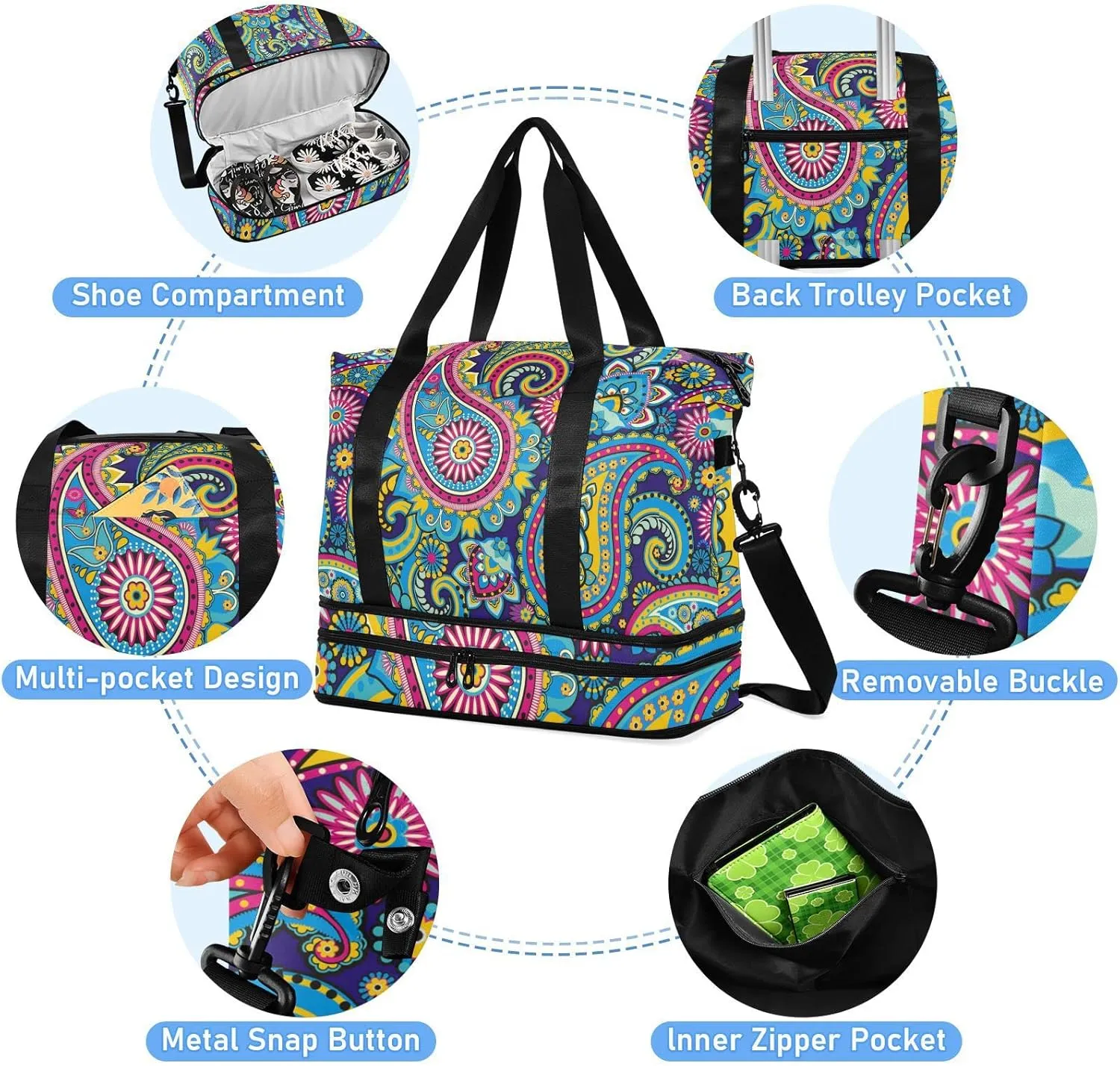 Traditional Ancient Asian Elements Paisley Floral Flowers Gym Duffel Bag, Polyester Travel Weekender Luggage Handbag with Waterproof Pocket for Wet Items, Unisex Foldable Tote for Sports