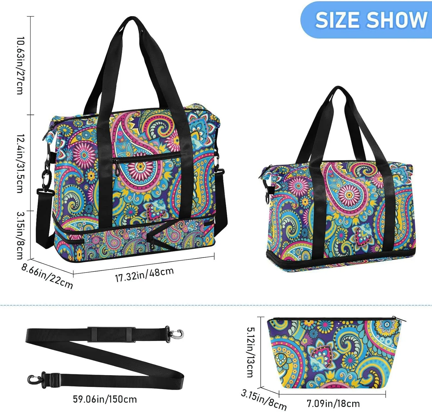 Traditional Ancient Asian Elements Paisley Floral Flowers Gym Duffel Bag, Polyester Travel Weekender Luggage Handbag with Waterproof Pocket for Wet Items, Unisex Foldable Tote for Sports
