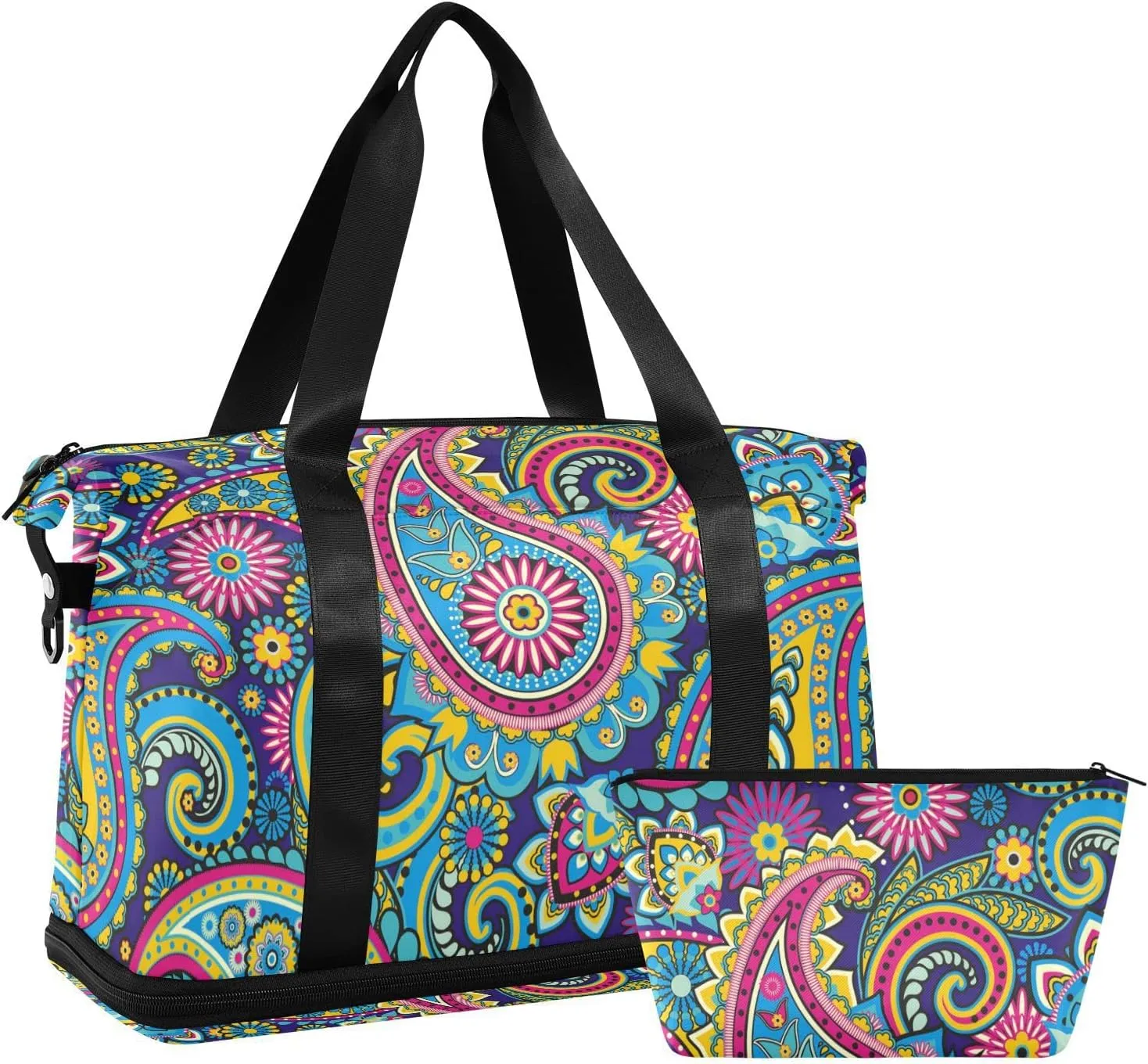 Traditional Ancient Asian Elements Paisley Floral Flowers Gym Duffel Bag, Polyester Travel Weekender Luggage Handbag with Waterproof Pocket for Wet Items, Unisex Foldable Tote for Sports