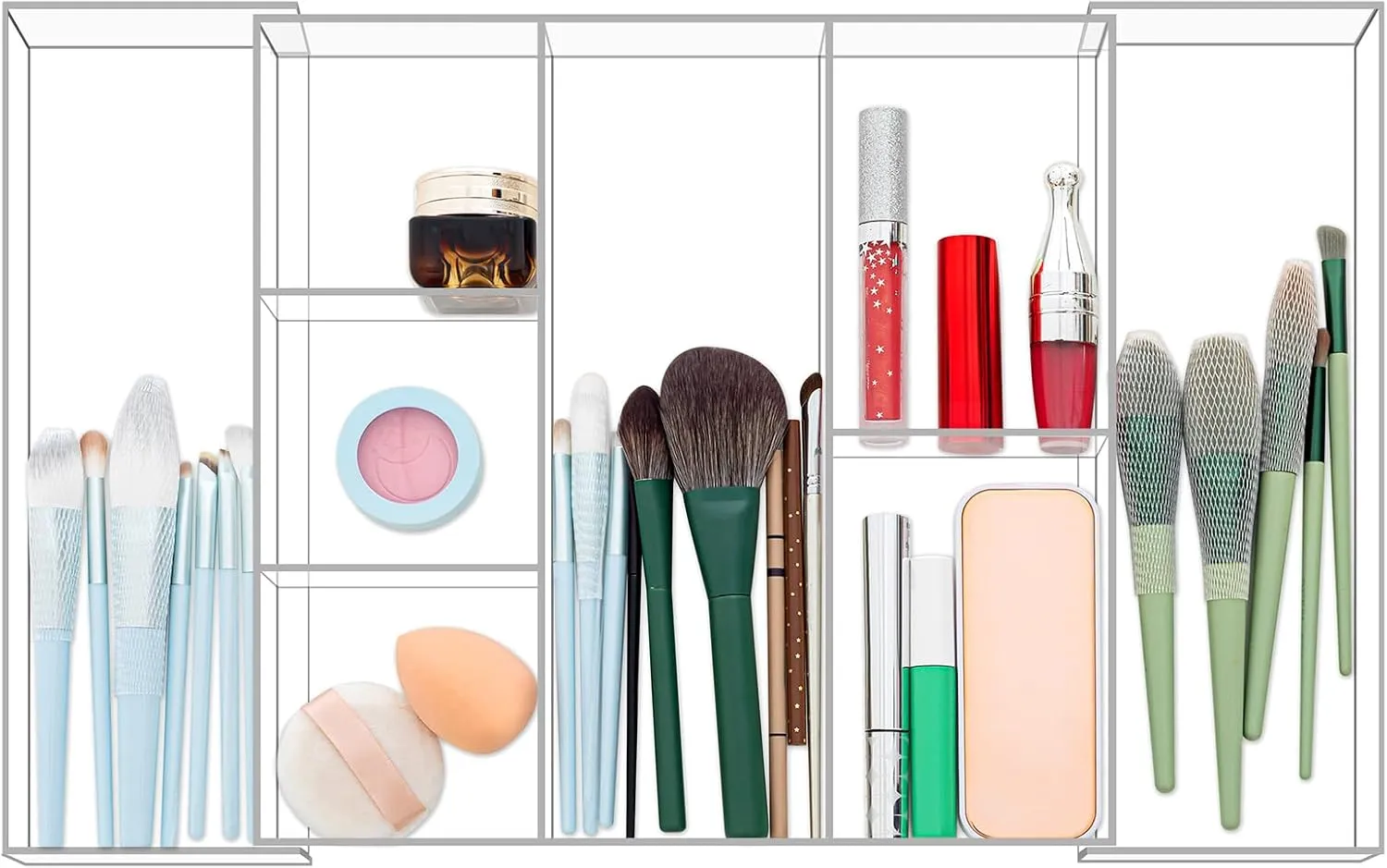 Tranqun Expandable Makeup Drawer Organizer 11"-19" Width Clear Acrylic Makeup Vanity Organizer Tray with 8 Compartments Adjustable Vanity Storage Containers for Cosmetics Jewelry Kitchen Office