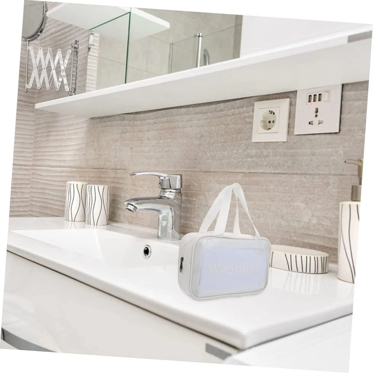 Transparent Cosmetic Bag Travel PVC Makeup Bag with Zipper, White, 30x10cm