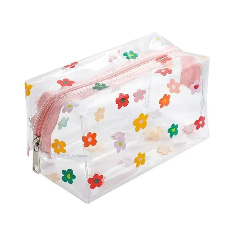 Transparent Flower Print Pencil Case For Students Classic Stationery Case Large Capacity Pencil Bag