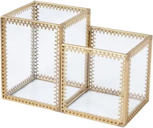 Transparent Glass Cosmetic Storage Box with Copper Accent, Multifunctional Makeup Brush Holder and Organizer for Skincare, Lipsticks, Small Accessories
