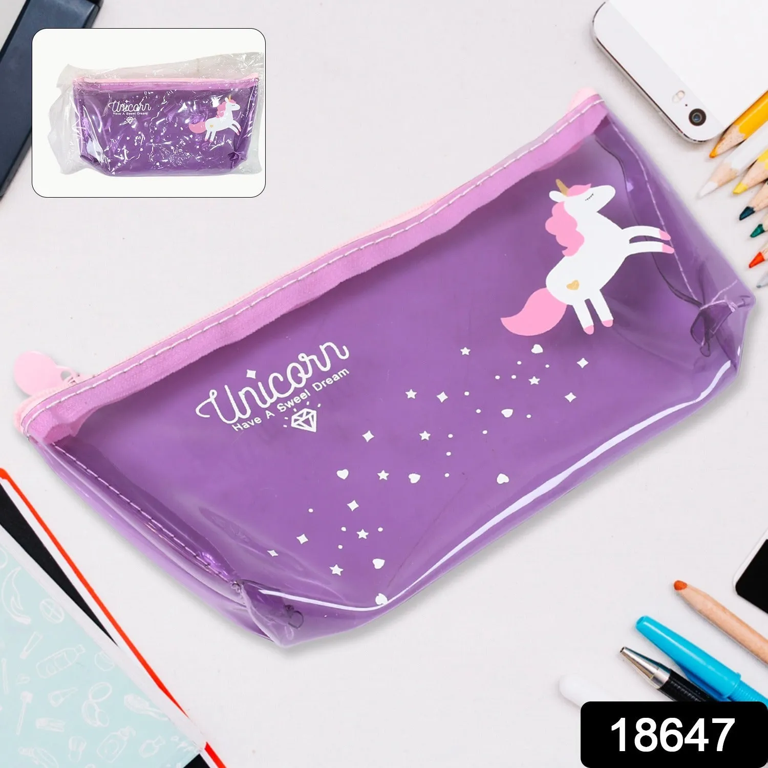 Transparent Unicorn Pencil Zip Pouch Bag (1 Pc)