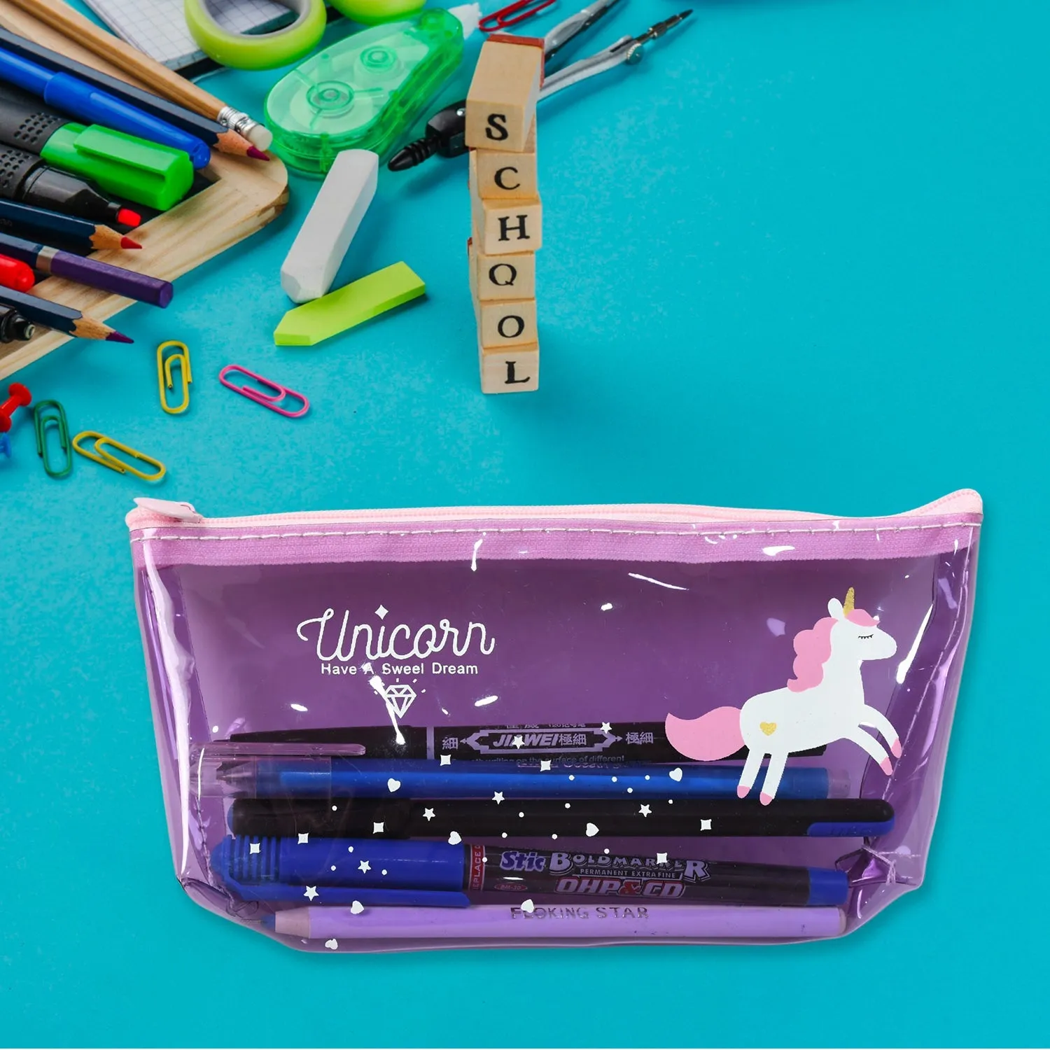 Transparent Unicorn Pencil Zip Pouch Bag (1 Pc)