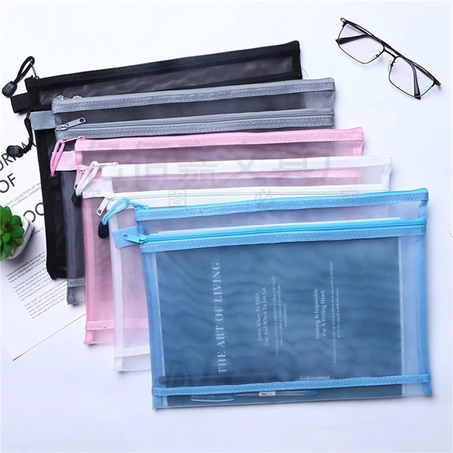 Transparent Waterproof Mesh Zipper Pouch Document Bag A4 Size File Folders for School Office Supplies Pencil Case Storage Bags Ideal for Storing Small Items for Everyday Use(Blue,A4 33.5X24.5cm)