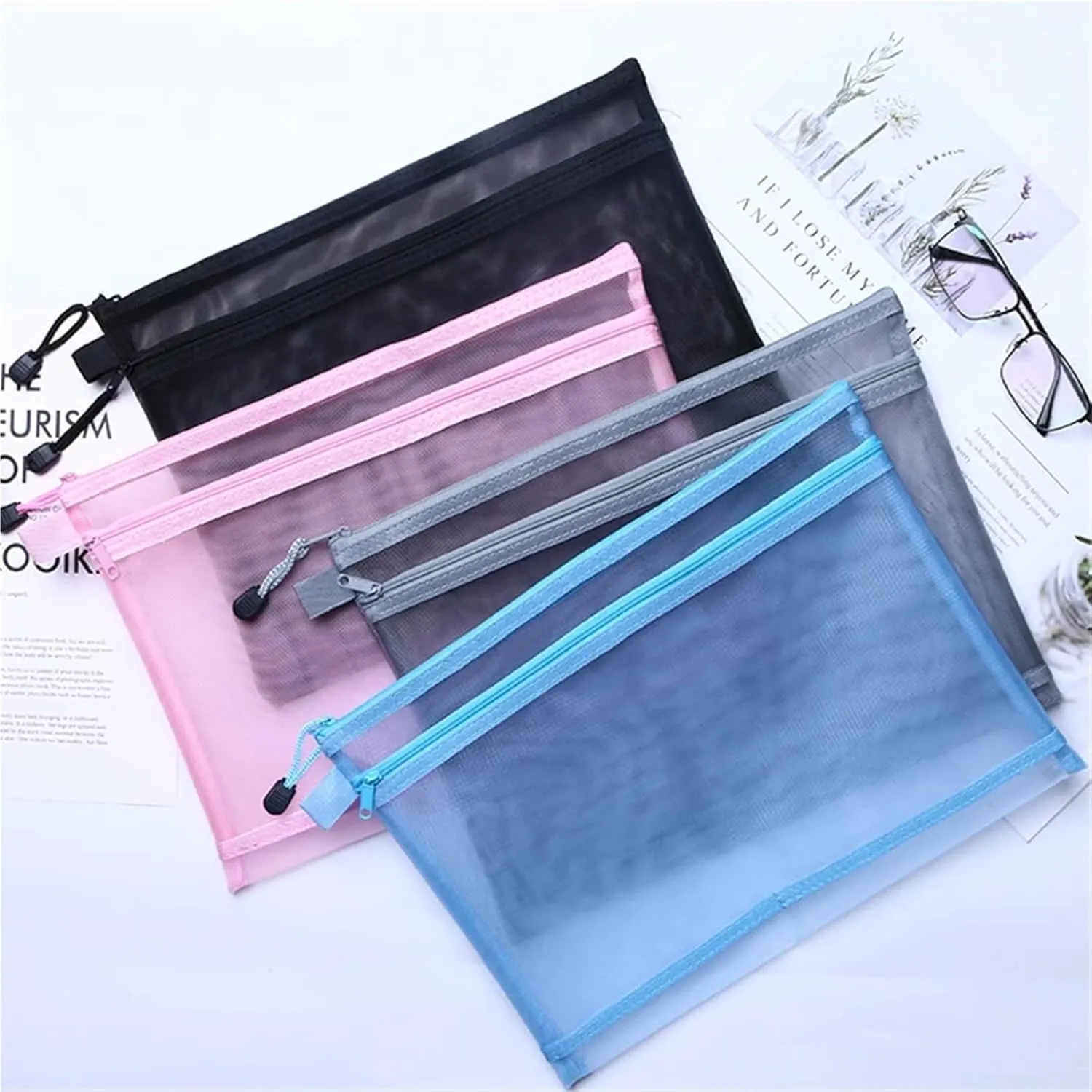 Transparent Waterproof Mesh Zipper Pouch Document Bag A4 Size File Folders for School Office Supplies Pencil Case Storage Bags Ideal for Storing Small Items for Everyday Use(Blue,A4 33.5X24.5cm)