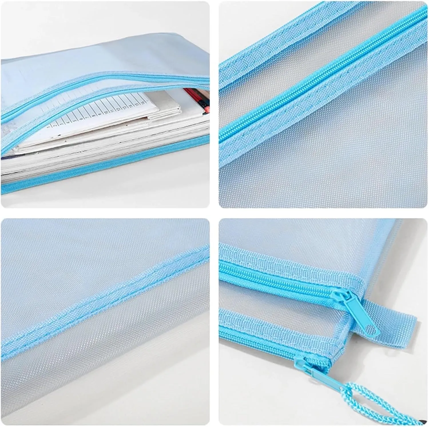 Transparent Waterproof Mesh Zipper Pouch Document Bag A4 Size File Folders for School Office Supplies Pencil Case Storage Bags Ideal for Storing Small Items for Everyday Use(Blue,A4 33.5X24.5cm)