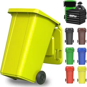 Trash Cans 18/22/27/53 Gallon Large Garbage Can Outdoor Wheeled Trash Can with Lid ＆ Wheels, Garage Trash Can with Handles ＆ 100-PCS Organizer Bag for Patio Backyard Deck Roadside(Yellow,100L/22 Gallo