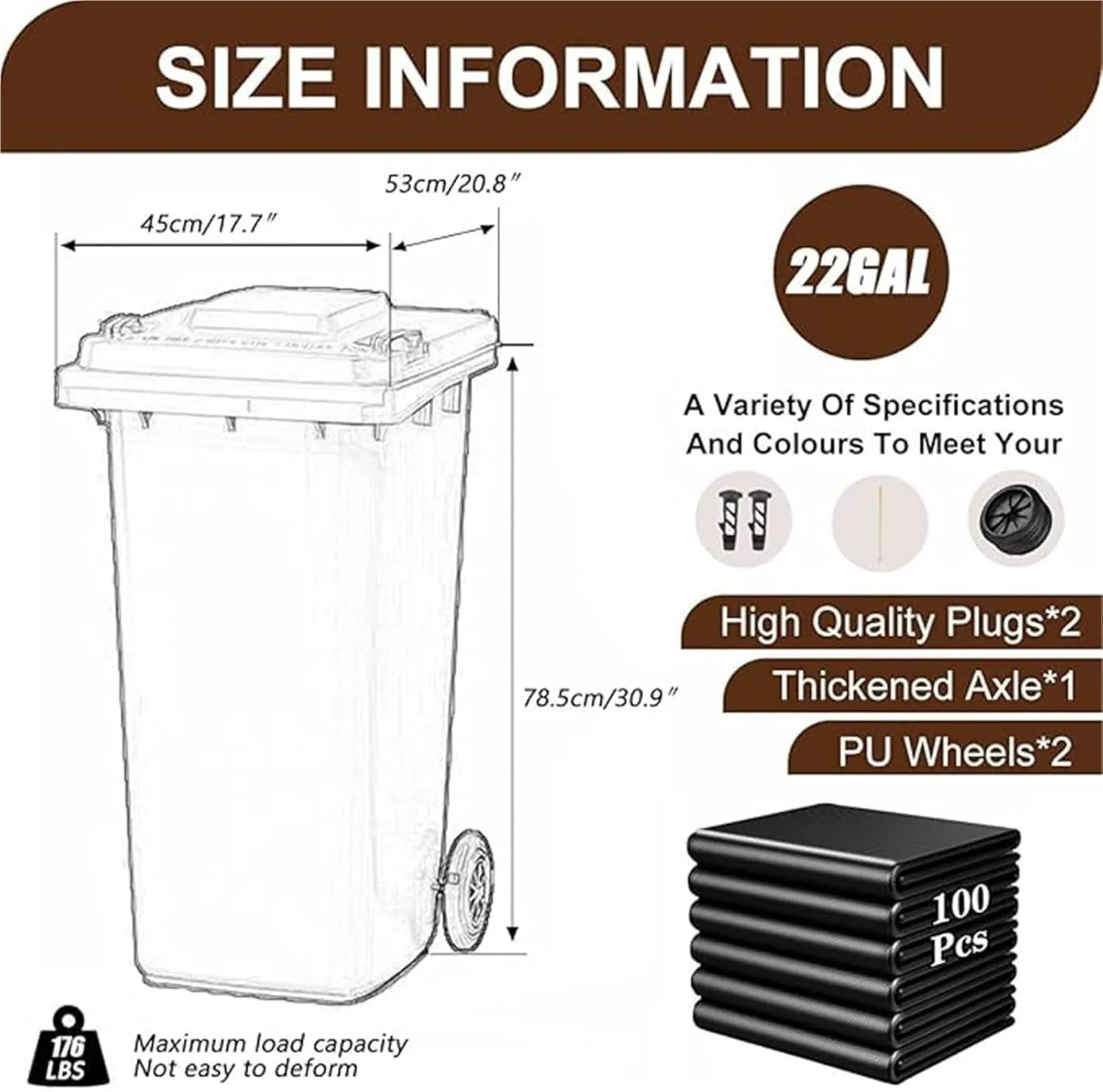 Trash Cans 18/22/27/53 Gallon Large Garbage Can Outdoor Wheeled Trash Can with Lid ＆ Wheels, Garage Trash Can with Handles ＆ 100-PCS Organizer Bag for Patio Backyard Deck Roadside(Yellow,100L/22 Gallo