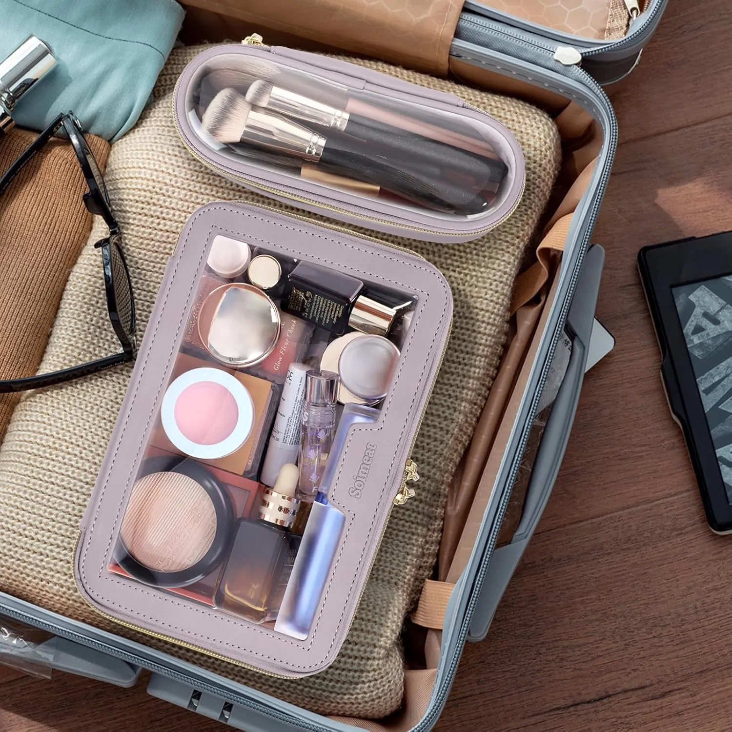 Travel Clear Makeup Bag with Makeup Brush Bag, Leather Makeup Case Toiletry Bag, Portable Cosmetic Bag Case, Transparent Waterproof Cosmetic Organizer Storage Bag for Women, Purple