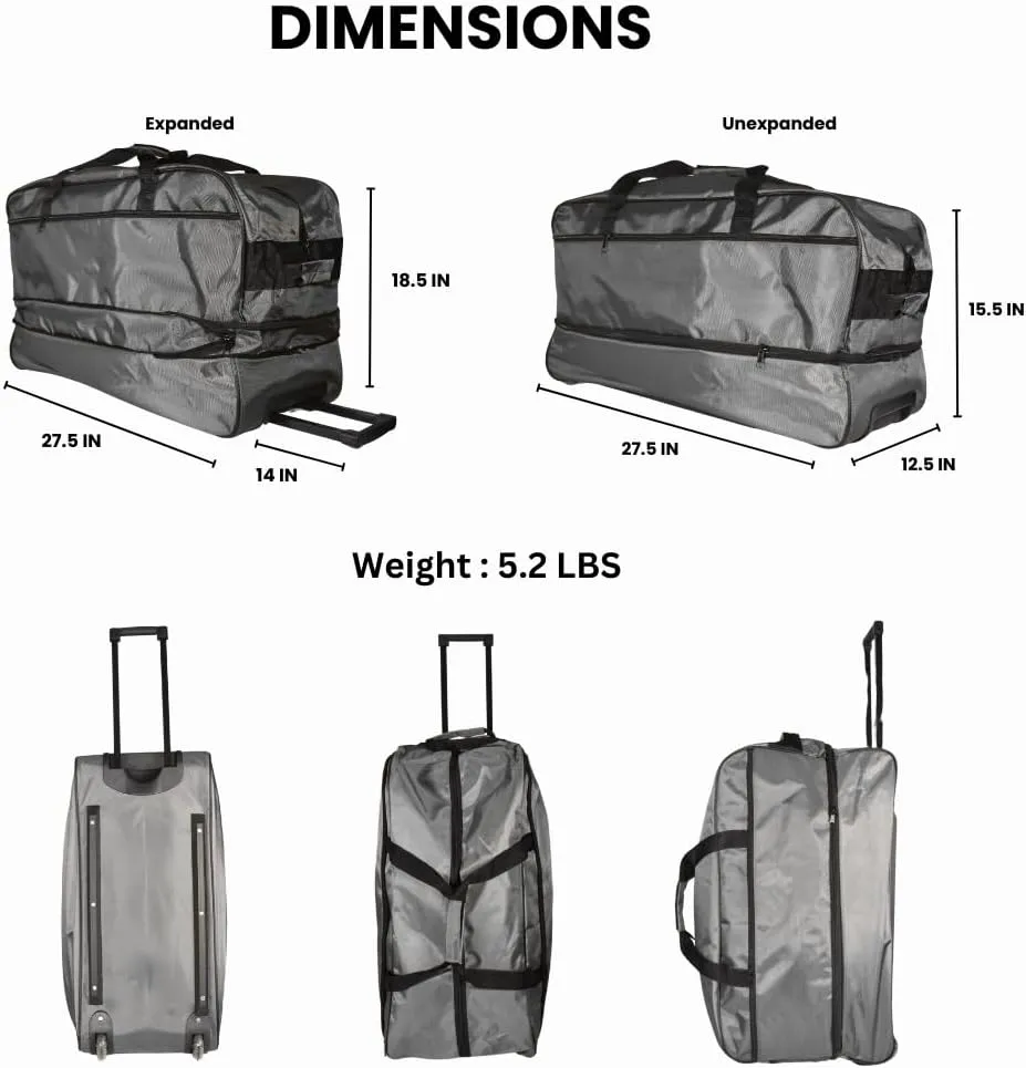 Travel Duffle Bag 87L, Foldable, Expandable to 104L, Gym Travel Carry On Overnight Weekender Retractable Handle Women Men (Grey)