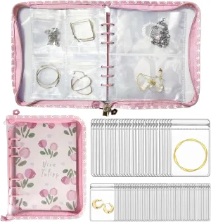 Travel Jewelry Organizer Case,Jewelry Storage Book with 45 Portable Thick PVC Pouches,Jewelry Organizer Zipper Bags for Necklaces Bracelet Rings and Earrings (front cover removable)