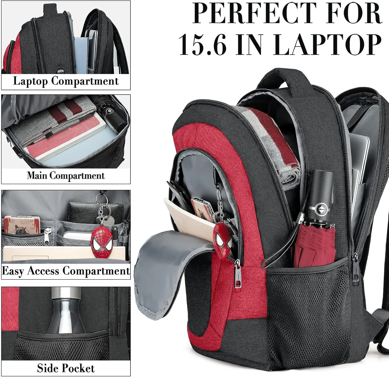 Travel Laptop Backpack for Woman and Men, School Backpack for Teens with USB Charging Port, Waterproof College Back Pack for 15.6 IN Laptop Backpack, Adult Business Computer Travel Backpack, BlackRed
