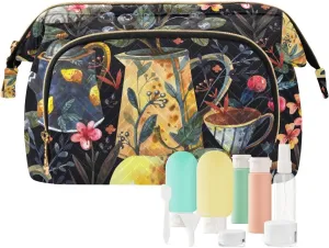 Travel Makeup Bag Cosmetic Bag Make Up Organizer Case Large Wide-open Pouch for Women Purse for Toiletries Accessories Brushes Vintage Tableware
