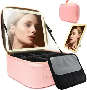Travel Makeup Bag for Women and Makeup Artists Cosmetic Organizer Large Makeup Case,Travel Makeup Bag with Mirror 3 Color Setting,Portable Storage and Adjustable Dividers Makeup Bag(Pink)