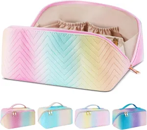 Travel Makeup Bag for Women, Large Capacity Colored Cosmetic Bags Organizer, Waterproof Portable Pouch Open Flat Small PU Leather Toiletry Bag, Make up Traveling Storage Tote with Divider Handle