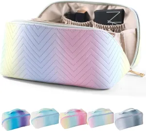 Travel Makeup Bag for Women, Large Capacity Colored Cosmetic Bags Organizer, Waterproof Portable Pouch Open Flat Small PU Leather Toiletry Bag, Make up Traveling Storage Tote with Divider Handle