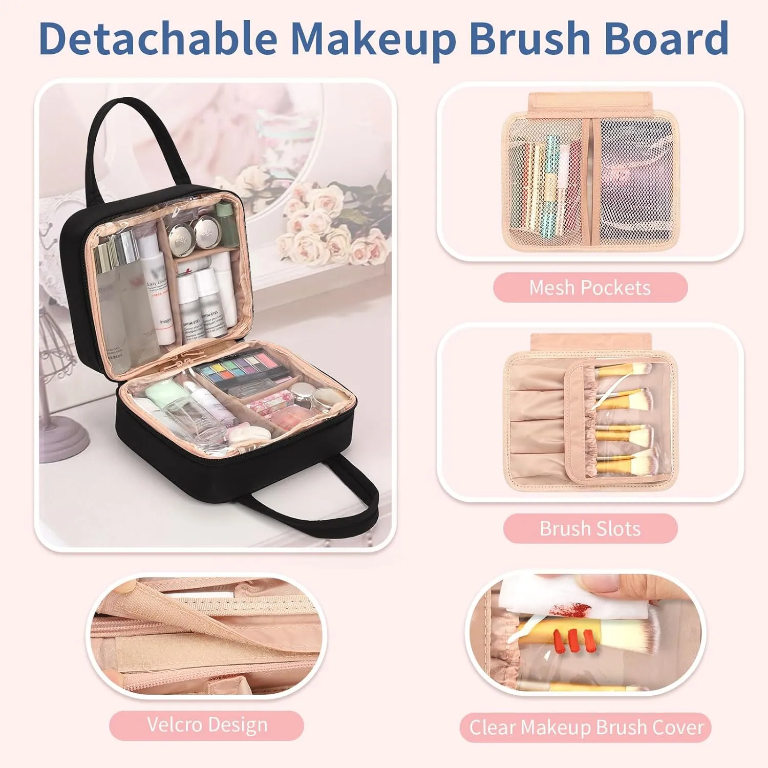 Travel Makeup Bag, Large Capacity Cosmetic Bag, Portable Make Up Bag Organizer for Women, Waterproof Cosmetic Travel Bag with Dividers and Brush Compartment for Cosmetics & Toiletries