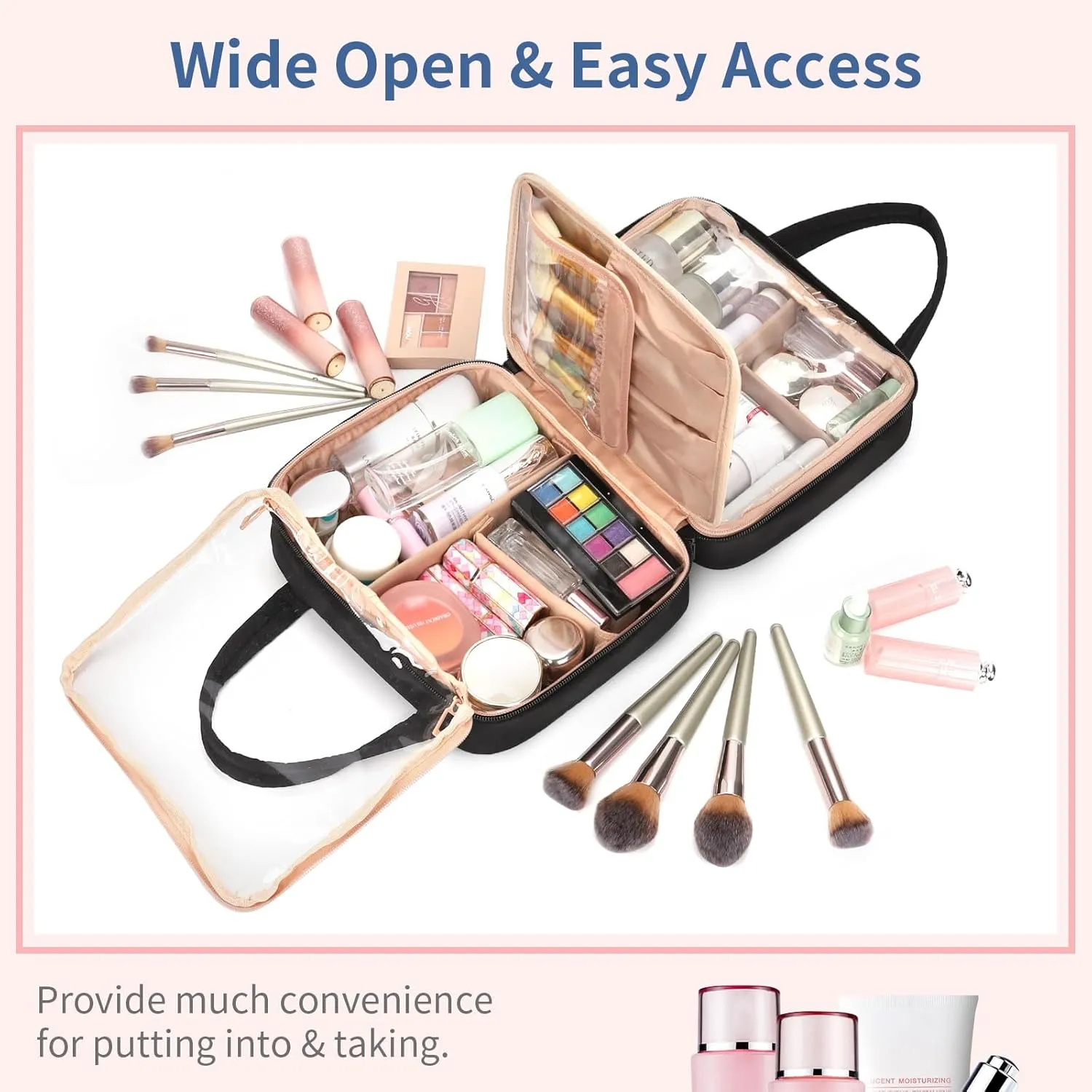 Travel Makeup Bag, Large Capacity Cosmetic Bag, Portable Make Up Bag Organizer for Women, Waterproof Cosmetic Travel Bag with Dividers and Brush Compartment for Cosmetics & Toiletries