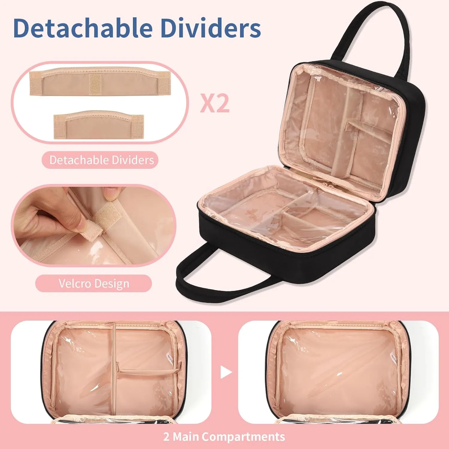 Travel Makeup Bag, Large Capacity Cosmetic Bag, Portable Make Up Bag Organizer for Women, Waterproof Cosmetic Travel Bag with Dividers and Brush Compartment for Cosmetics & Toiletries