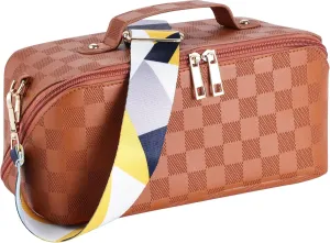 Travel Makeup Bag, Large Capacity Cosmetic Bags For Women, PU Leather Waterproof Portable Pouch Open Flat Lay Checkered Bag Make up Organizer With Divider and Handle (Brown)