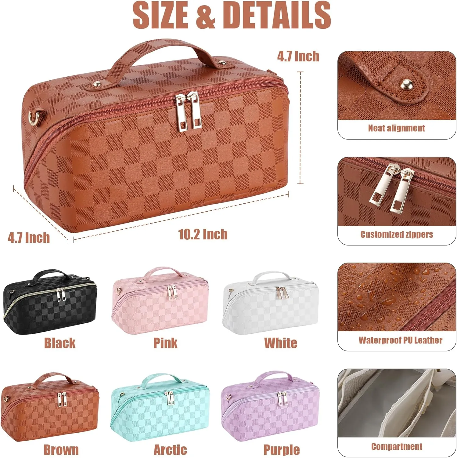 Travel Makeup Bag, Large Capacity Cosmetic Bags For Women, PU Leather Waterproof Portable Pouch Open Flat Lay Checkered Bag Make up Organizer With Divider and Handle (Brown)