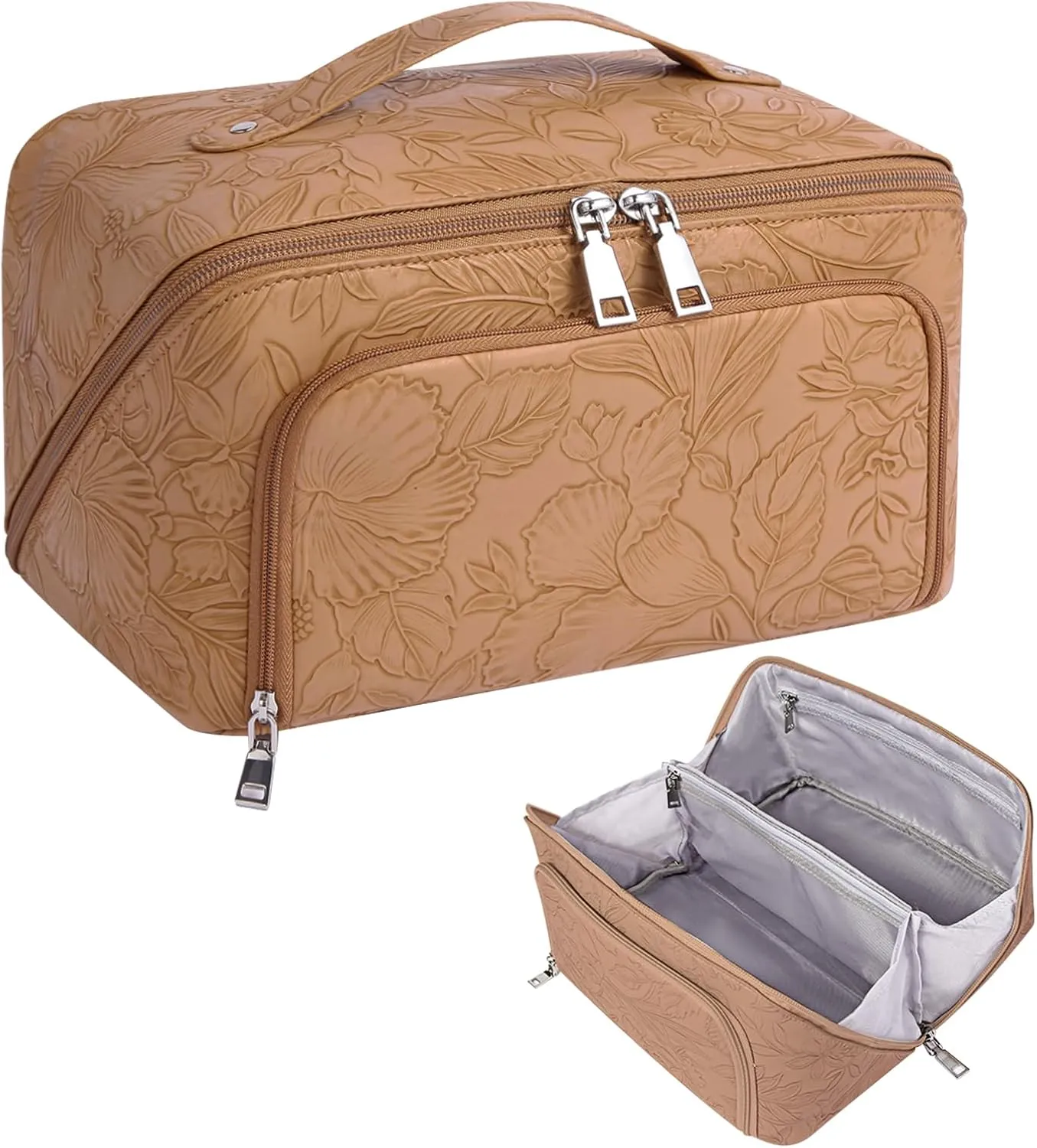 Travel Makeup Bag, Large Capacity Cosmetic Bags for Women, Waterproof Lining and PU Leather Portable Pouch, Open Flat Toiletry Bag, Make up Organizer with Divider & Handle (Brown)