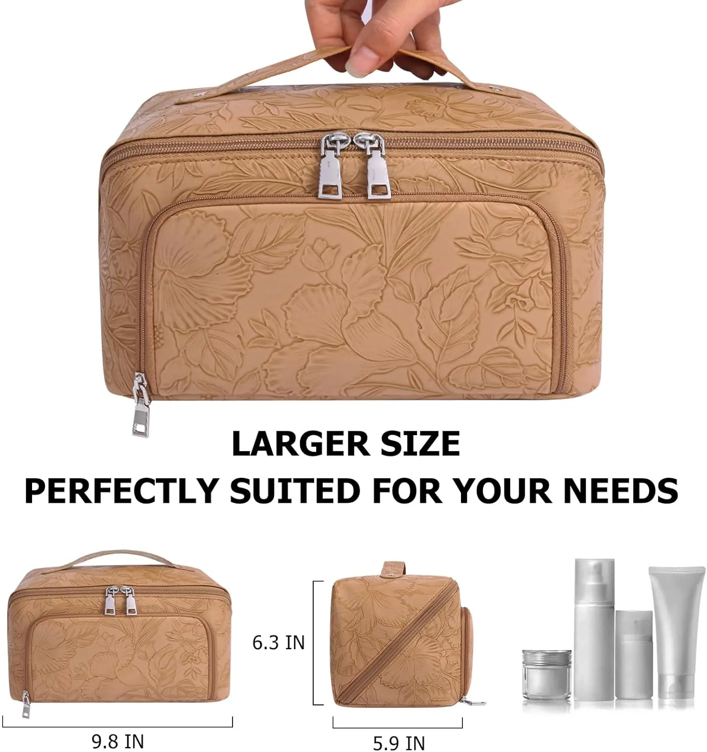 Travel Makeup Bag, Large Capacity Cosmetic Bags for Women, Waterproof Lining and PU Leather Portable Pouch, Open Flat Toiletry Bag, Make up Organizer with Divider & Handle (Brown)