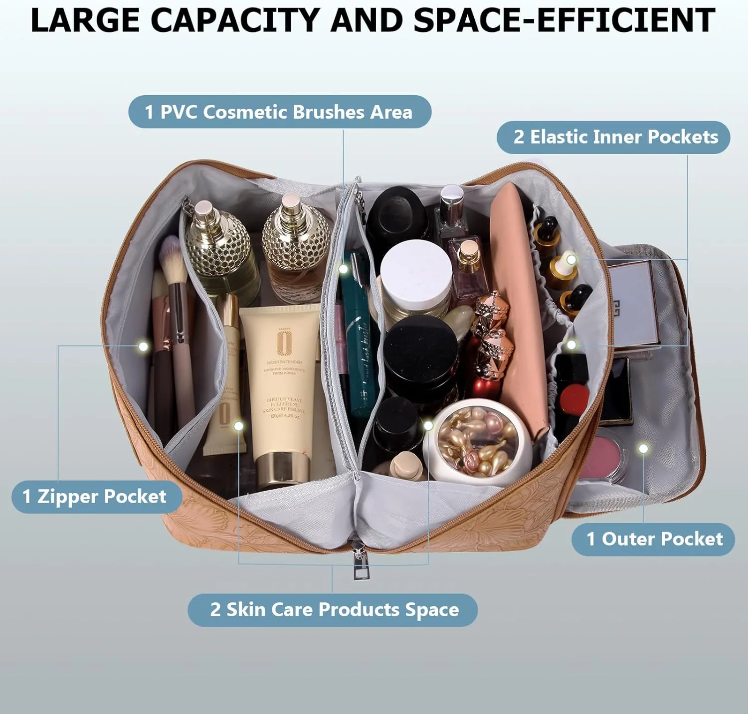 Travel Makeup Bag, Large Capacity Cosmetic Bags for Women, Waterproof Lining and PU Leather Portable Pouch, Open Flat Toiletry Bag, Make up Organizer with Divider & Handle (Brown)
