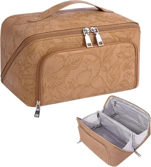 Travel Makeup Bag, Large Capacity Cosmetic Bags for Women, Waterproof Lining and PU Leather Portable Pouch, Open Flat Toiletry Bag, Make up Organizer with Divider & Handle (Brown)