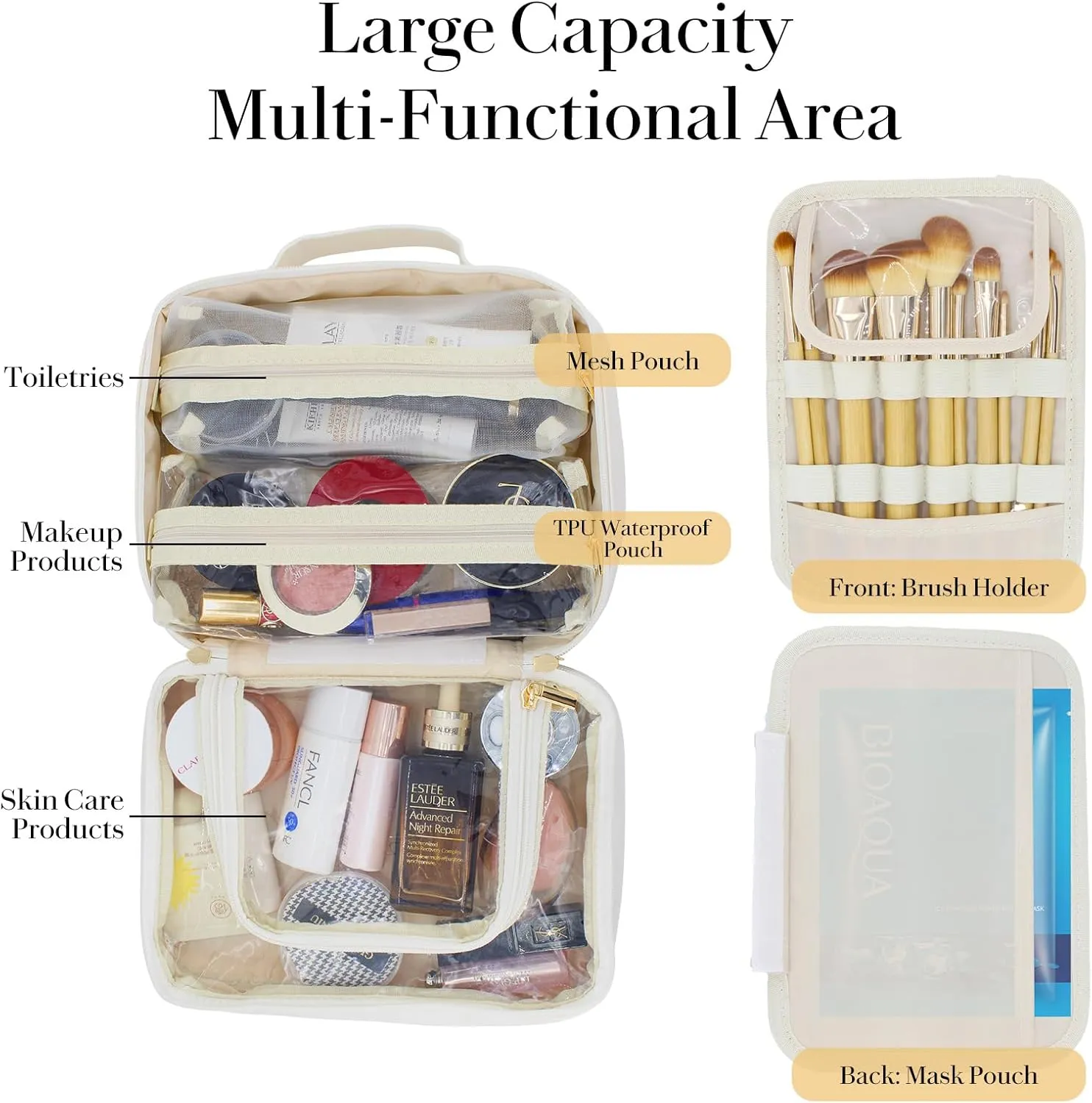 Travel Makeup Bag Large Capacity Cosmetic Organizer Waterproof Leather Toiletry Bag with Brush Holder and Handle Portable Cosmetic Storage Bag for Women Girls Gift - White