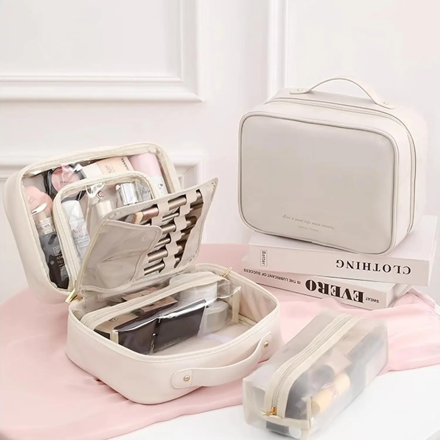 Travel Makeup Bag Large Capacity Cosmetic Organizer Waterproof Leather Toiletry Bag with Brush Holder and Handle Portable Cosmetic Storage Bag for Women Girls Gift - White